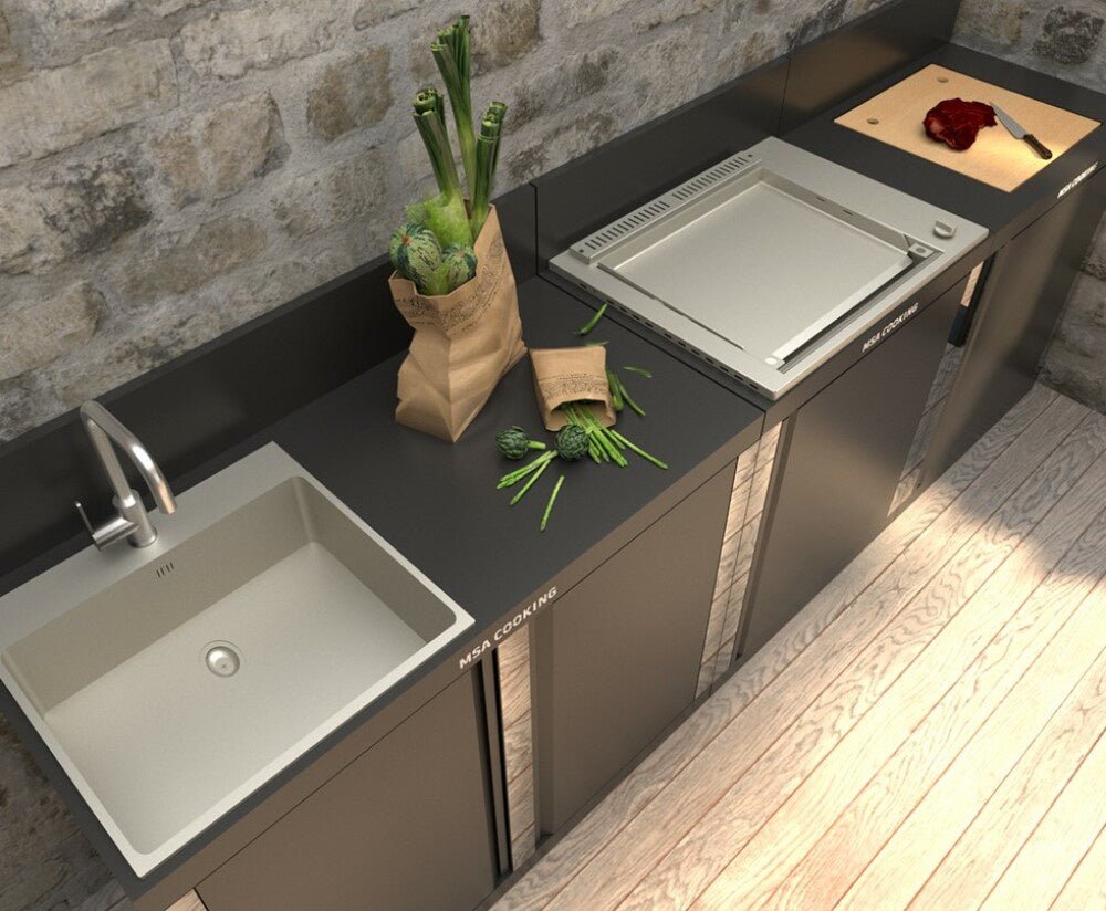 ALY Cucina modulare da esterno in acciaio verniciato con piastra incasso e tagliere Msa Cooking - Outdoor Privé