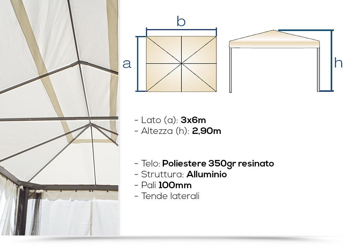 Gazebo Nebraska alluminio rettangolare 6×3 tende laterali - Outdoor Privé