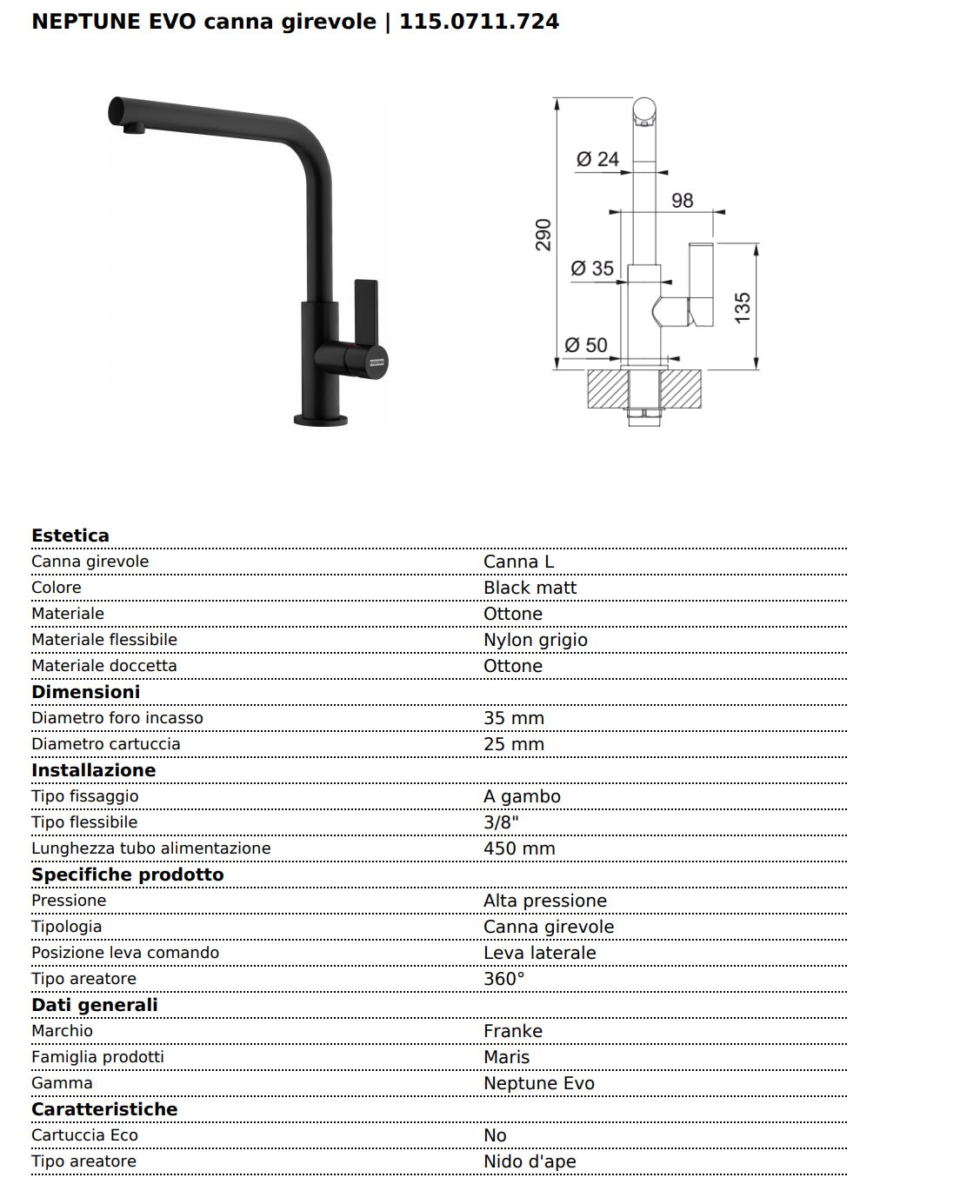Miscelatore NEPTUNE BLACK GIREVOLE NAPOLEON - Outdoor Privé
