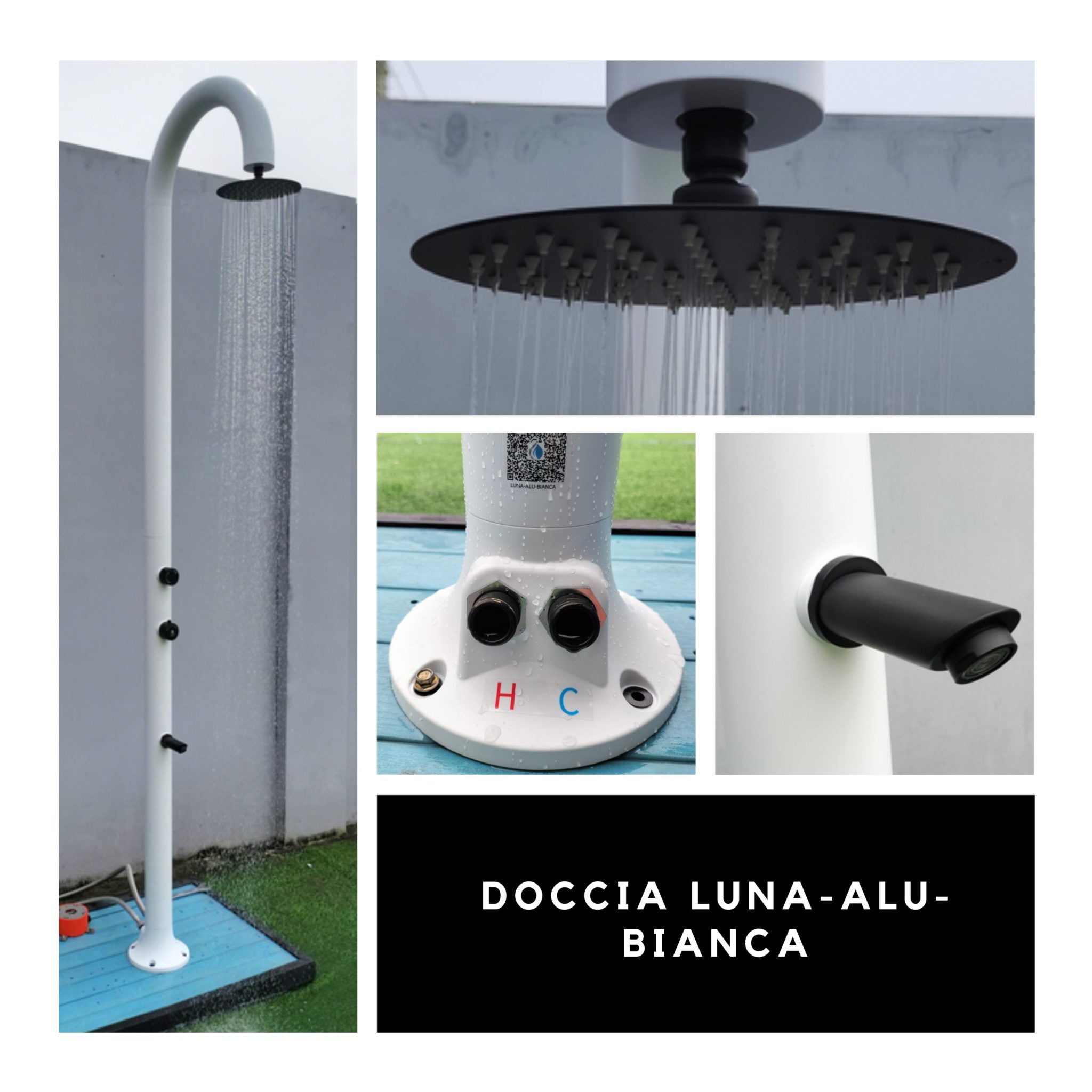 Doccia esterna Sined Luna Alu Bianca – alluminio bianco, doppio attacco, lavapiedi - Outdoor Privé