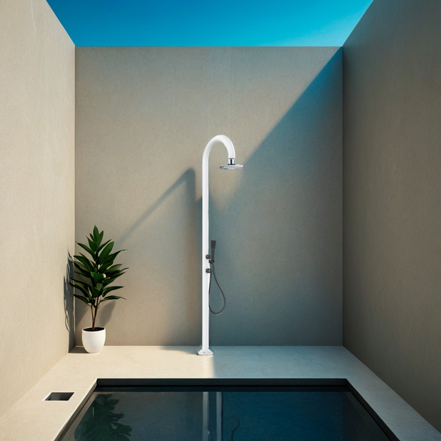 Doccia esterna Sined Luna Alu D Bianca LCD – alluminio con soffione LED e doccino - Outdoor Privé