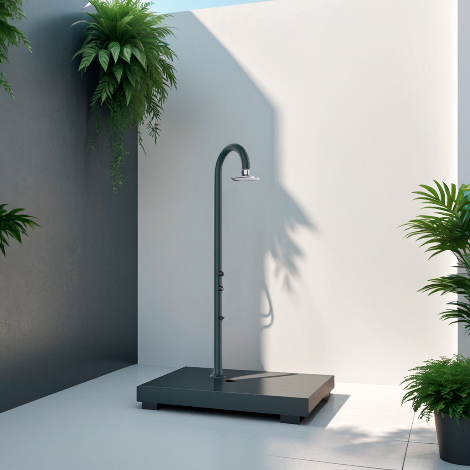 Doccia esterna Sined Luna Alu Grigia LED – alluminio con lavapiedi, doppio attacco e LED - Outdoor Privé