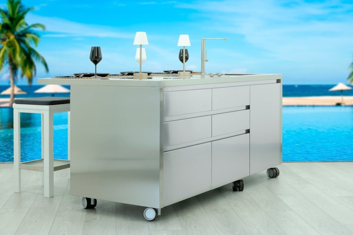 Cucina da esterno Panarea – isola inox 188×100 cm personalizzabile, 3 configurazioni preimpostate - Outdoor Privé