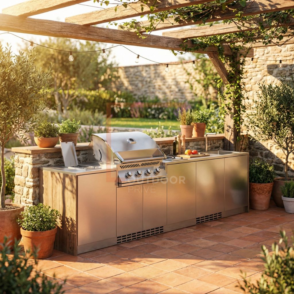 Cucina da esterno a parete completa OF OutdoorKitchens Via Nolfi 528 - frigo Bosch e bbq a gas - Outdoor Privé