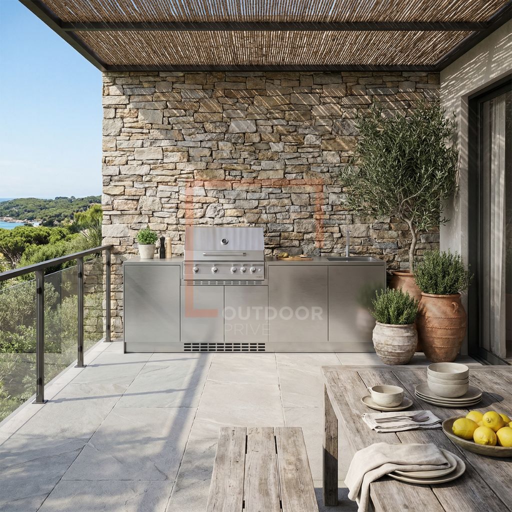 Cucina da esterno a parete OF OutdoorKitchens Via Nolfi 529 – lavello e bbq a gas - Outdoor Privé