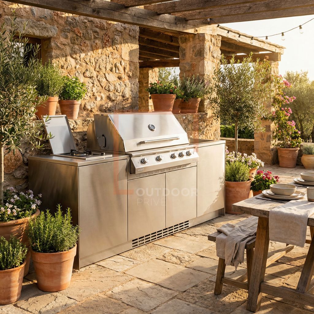 Cucina da esterno a parete completa OF OutdoorKitchens Via Nolfi 527 - lavello, fornello e bbq a gas - Outdoor Privé