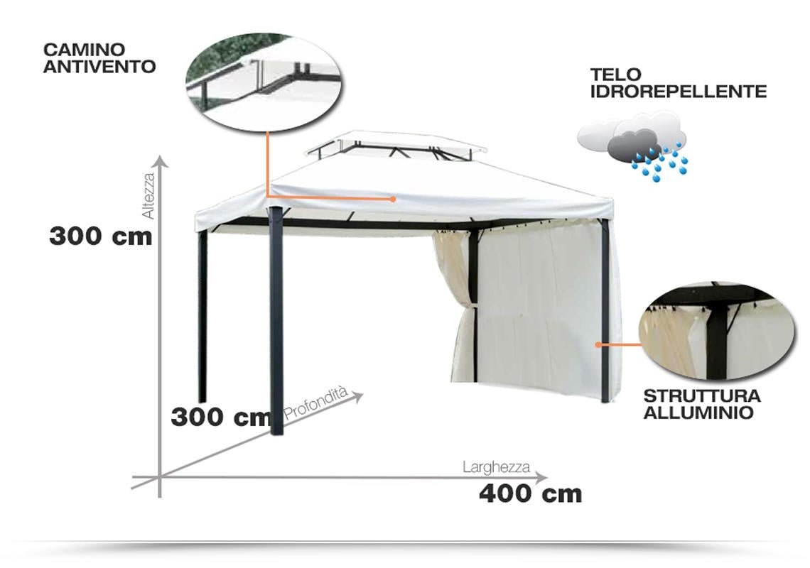 Gazebo Nebraska per giardino in alluminio rettangolare 3x4 tende laterali - Outdoor Privé