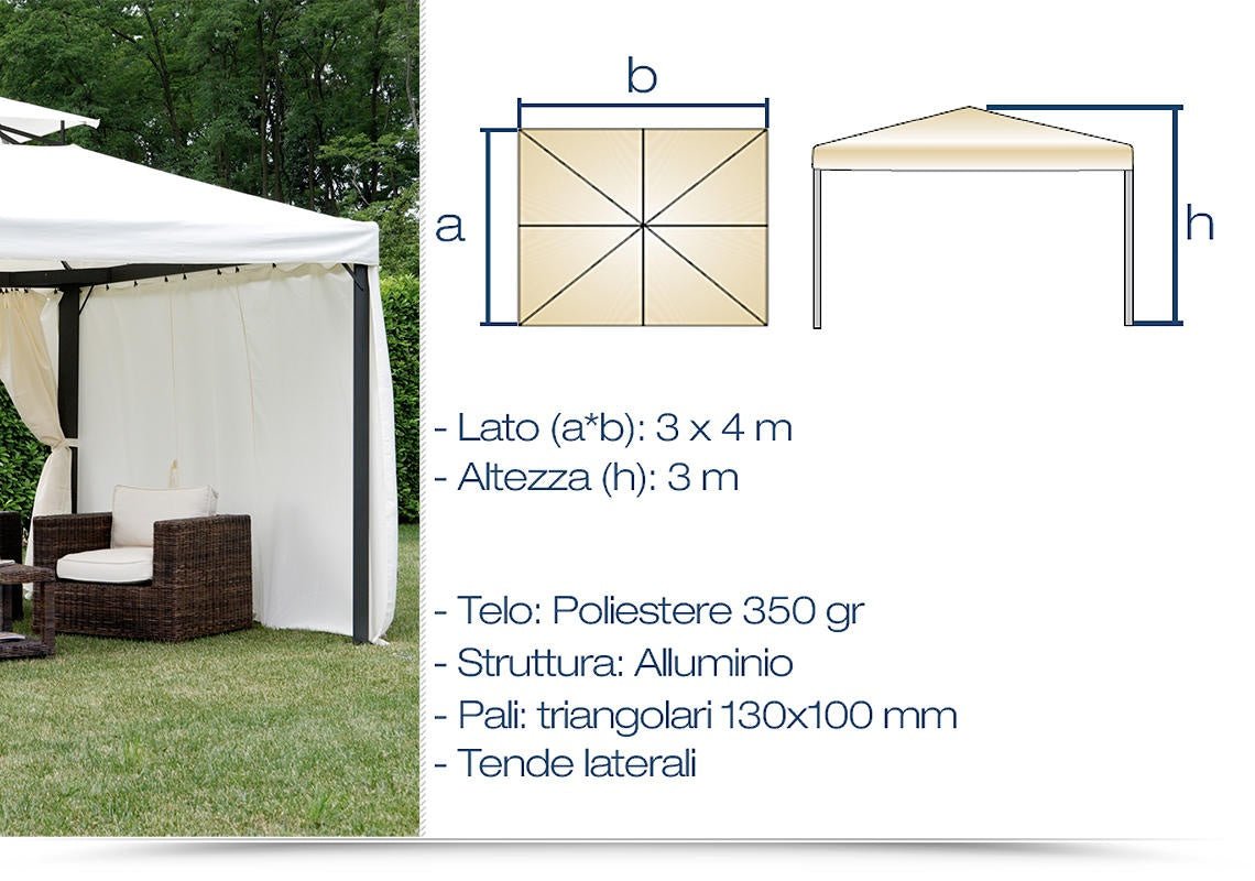 Gazebo Nebraska per giardino in alluminio rettangolare 3x4 tende laterali - Outdoor Privé