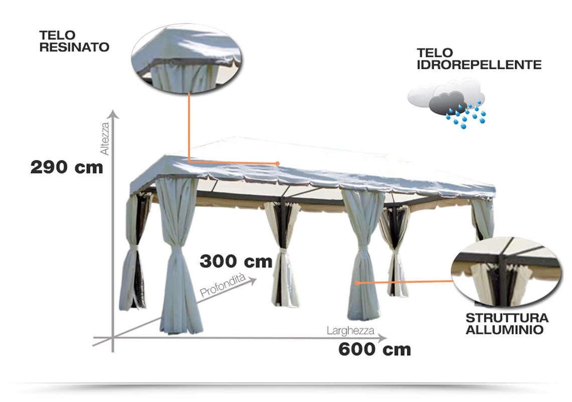 Gazebo Nebraska alluminio rettangolare 6×3 tende laterali - Outdoor Privé