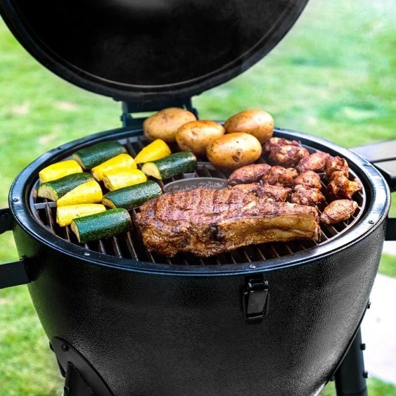 Barbecue a carbonella Char-Griller Akorn Kamado – 20", isolamento triplo, griglie in ghisa e carrello con ripiani