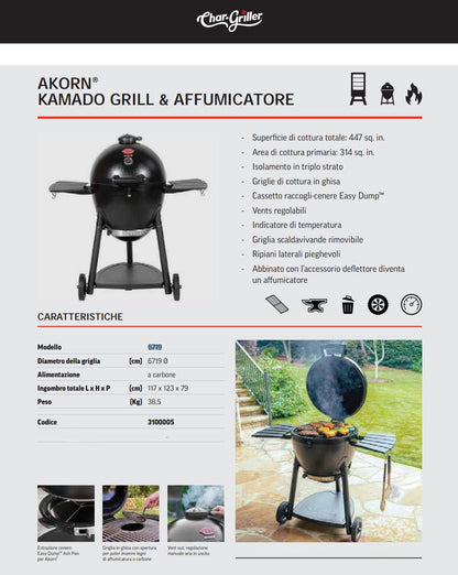 Barbecue a carbonella Char-Griller Akorn Kamado – 20", isolamento triplo, griglie in ghisa e carrello con ripiani