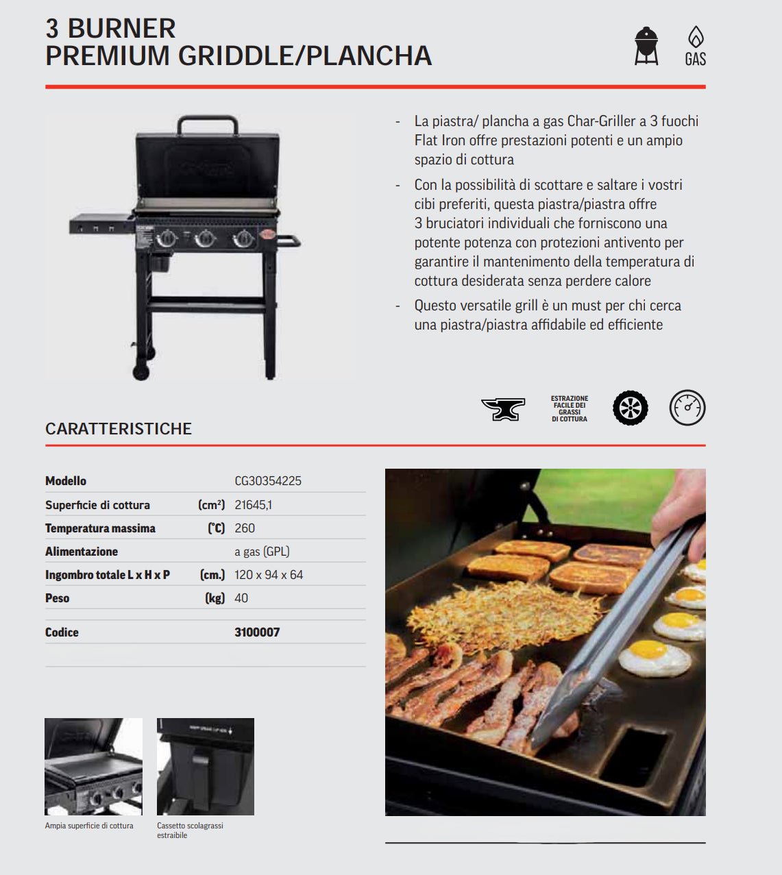 Plancha a gas 3 fuochi con carrello, Flat Iron, Char - Griller - Outdoor Privé