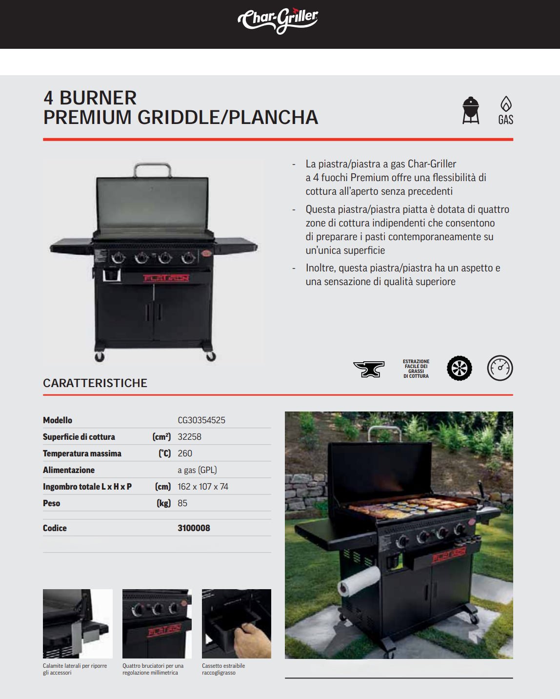 Plancha piastra a gas premium a 4 fuochi con carrello Char - Griller - Outdoor Privé