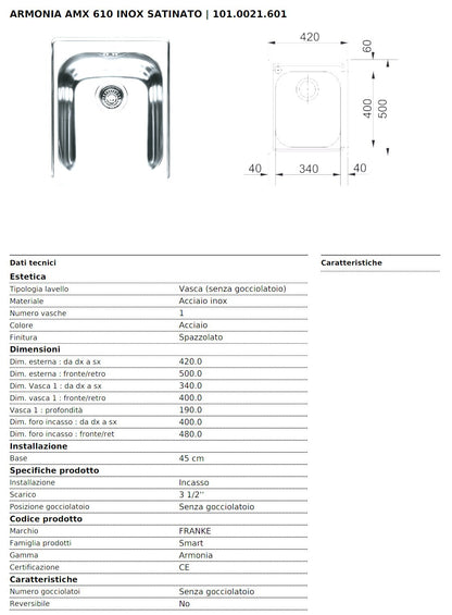 Lavello Armonia AMX 610 Inox satinato Napoleon - Outdoor Privé