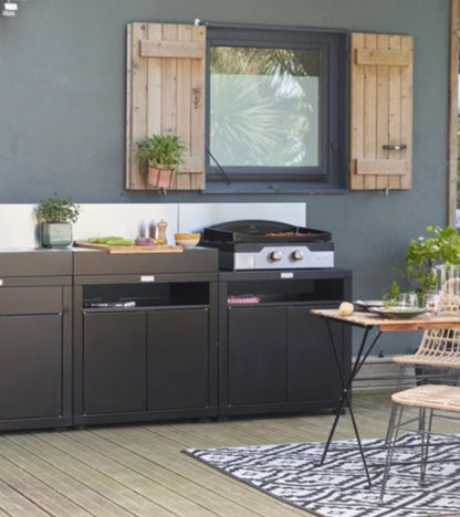Cucina in linea nera 3 elementi finitura top acciaio nero Le Marquier - Outdoor Privé