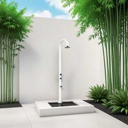 Doccia esterna Sined Luna Alu Bianca – alluminio bianco, doppio attacco, lavapiedi - Outdoor Privé