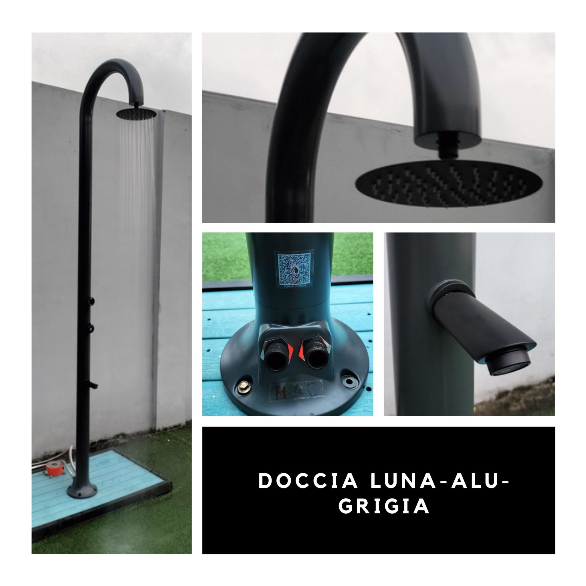 Doccia esterna Sined Luna Alu Grigia – alluminio con lavapiedi e doppio attacco - Outdoor Privé