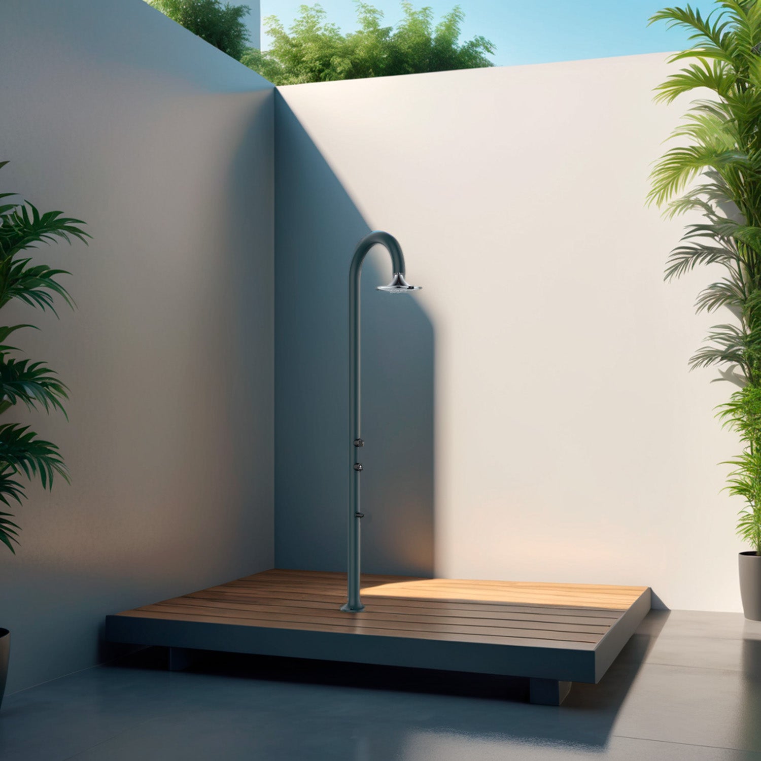 Doccia esterna Sined Luna Alu Grigia Sensor alluminio grigio con lavapiedi, LED 3 getti, attivazione gesture - Outdoor Privé