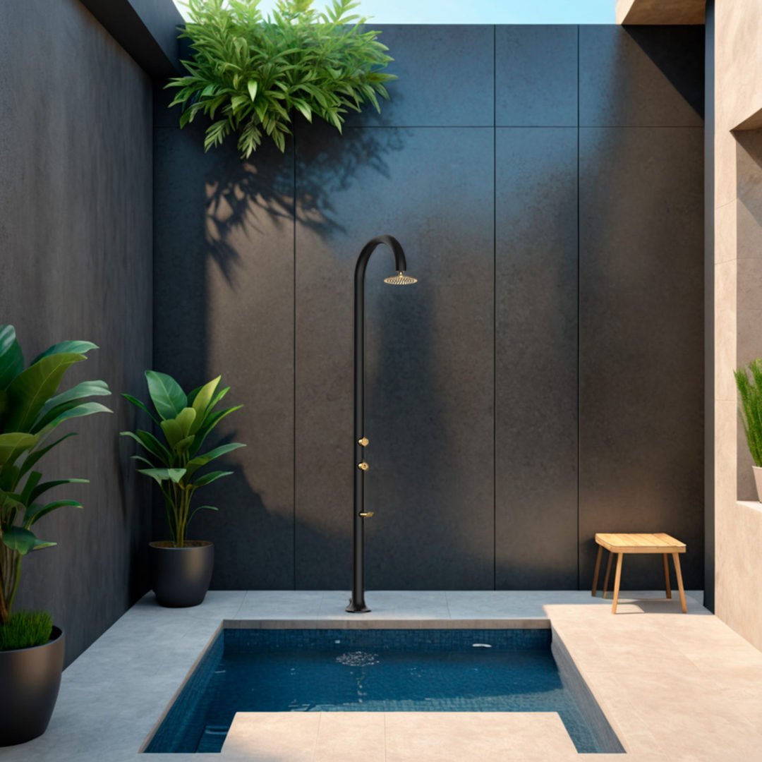 Doccia esterna Sined Luna Alu D Nera Oro – alluminio nero - oro con doccino e doppio attacco - Outdoor Privé