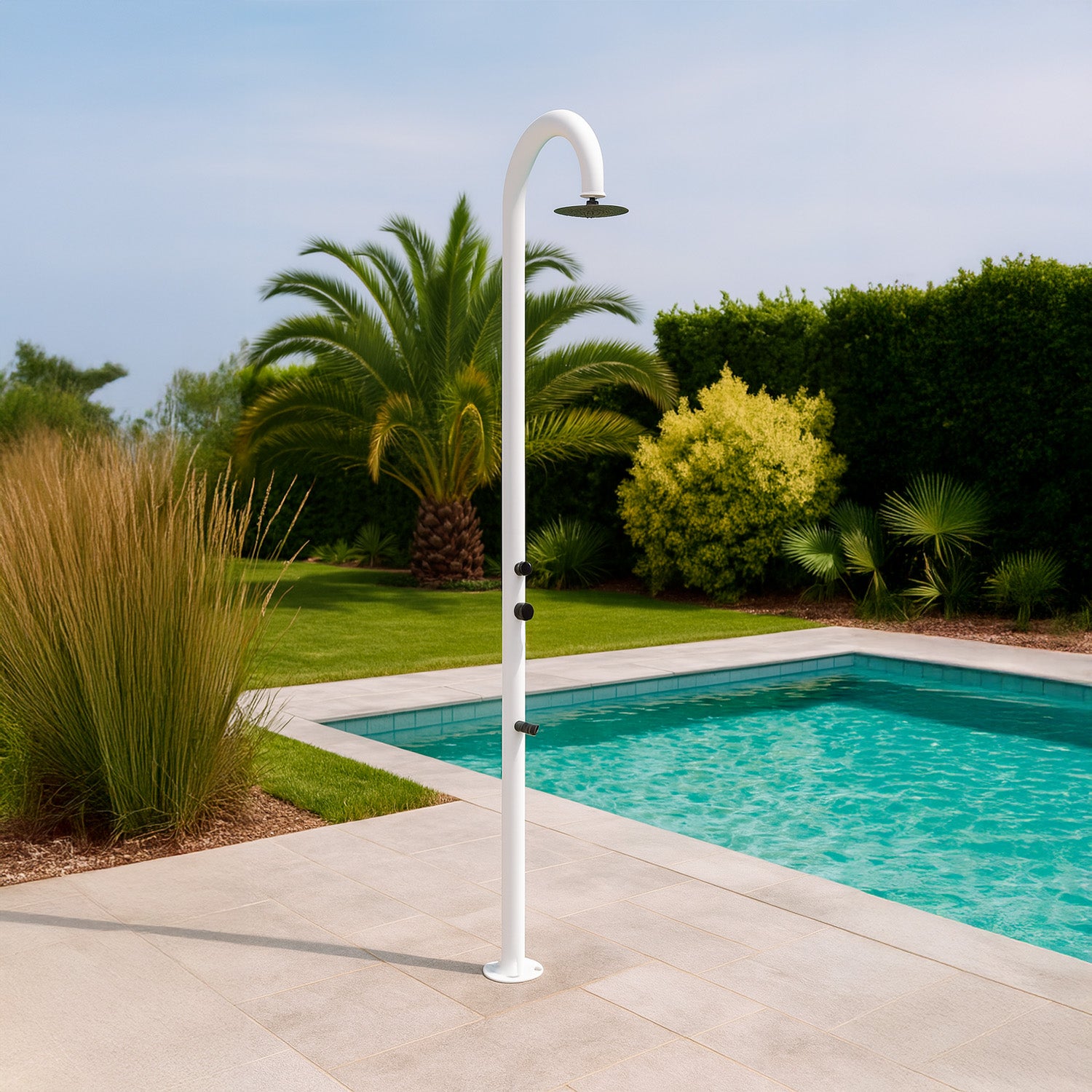 Doccia temporizzata Sined Luna Timer P Bianca – alluminio bianco con lavapiedi e timer - Outdoor Privé