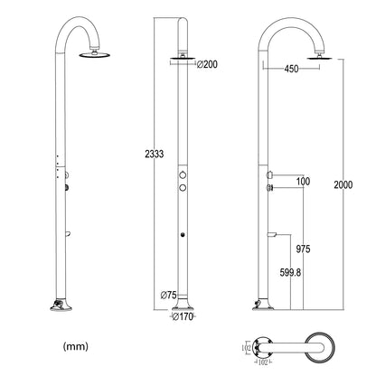 Doccia temporizzata Sined Luna Timer P Grigia – alluminio grigio con lavapiedi, doppio attacco e timer - Outdoor Privé