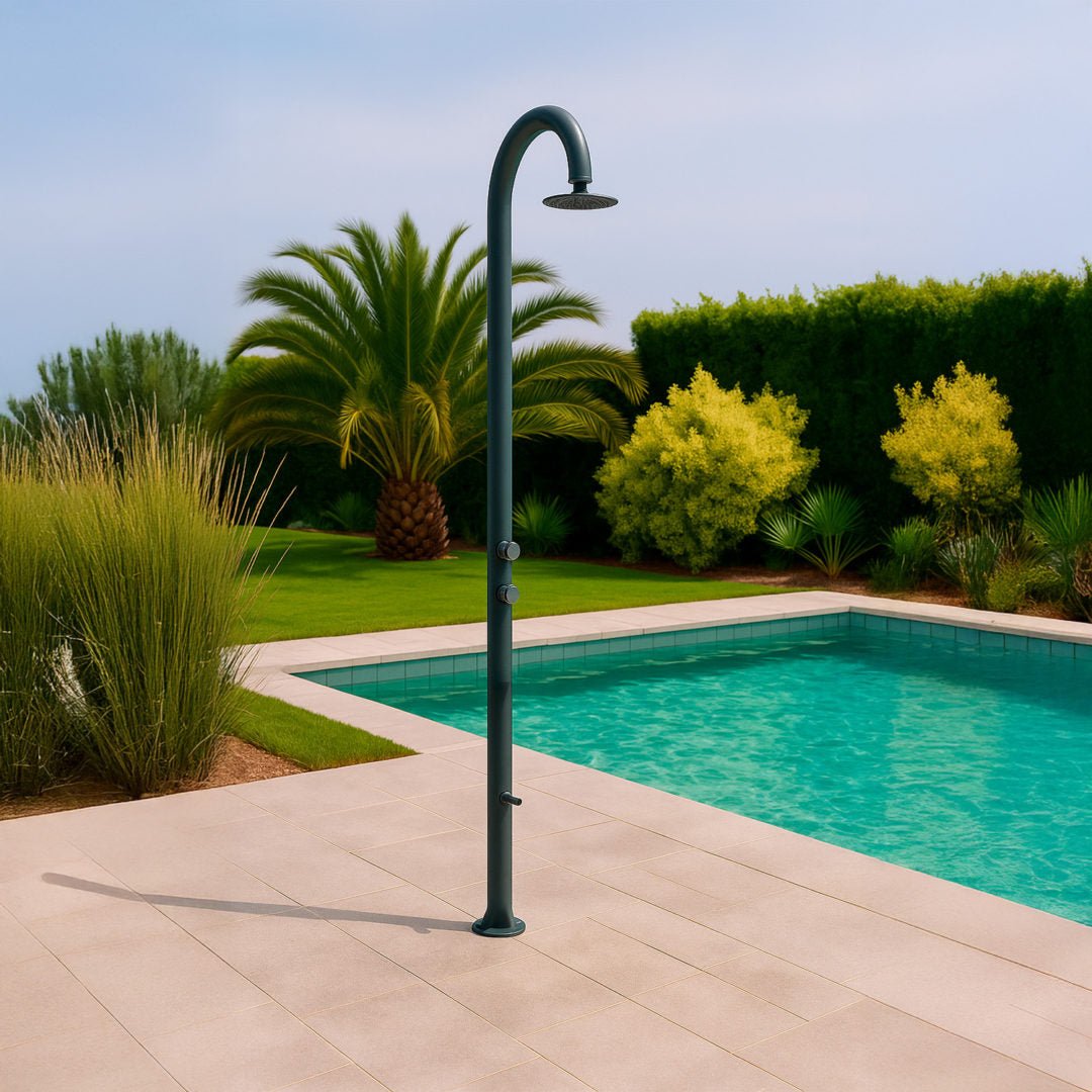 Doccia temporizzata Sined Luna Timer P Grigia – alluminio grigio con lavapiedi, doppio attacco e timer - Outdoor Privé