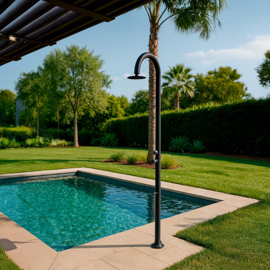 Doccia temporizzata Sined Luna Timer P Nera – alluminio nero, lavapiedi e doppio attacco - Outdoor Privé