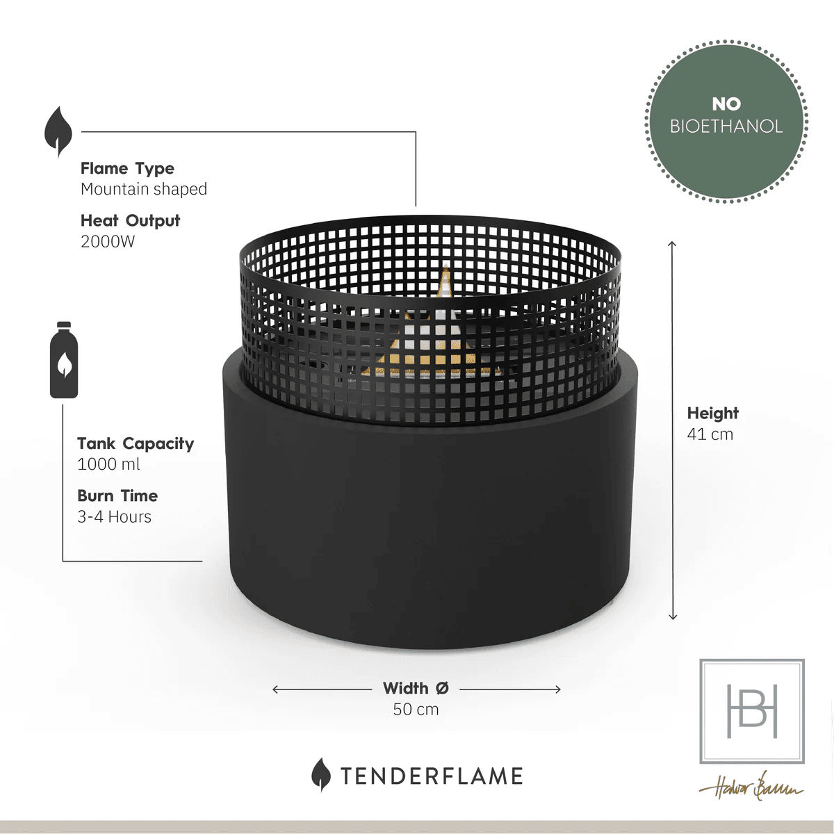 Braciere Tenderflame Plettenberg Black Ø50 – fiamma 18 cm, 2000W - Outdoor Privé