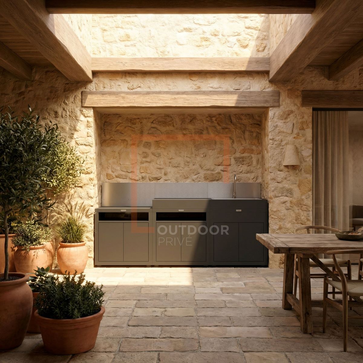 Cucina in linea nera 3 elementi finitura top acciaio nero Le Marquier - MC803ECE13 - Outdoor Privé