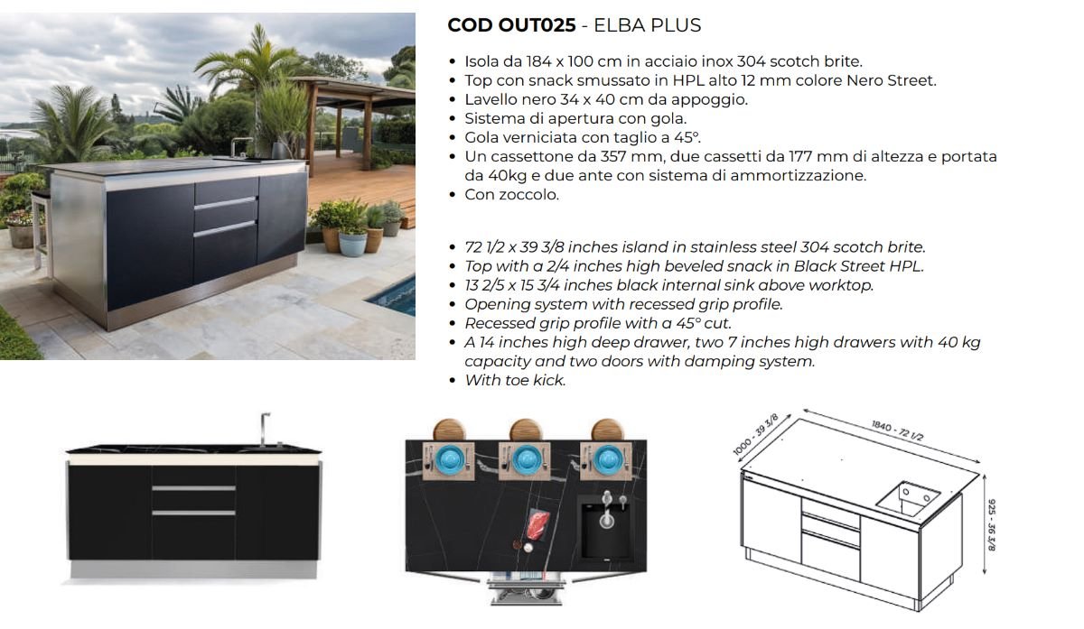 Cucina da esterno Lisa Cucine Elba Plus – isola inox 184×100 cm con top snack HPL nero - Outdoor Privé