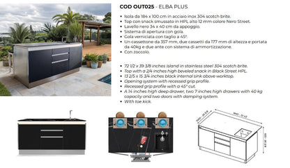 Cucina da esterno Lisa Cucine Elba Plus – isola inox 184×100 cm con top snack HPL nero - Outdoor Privé